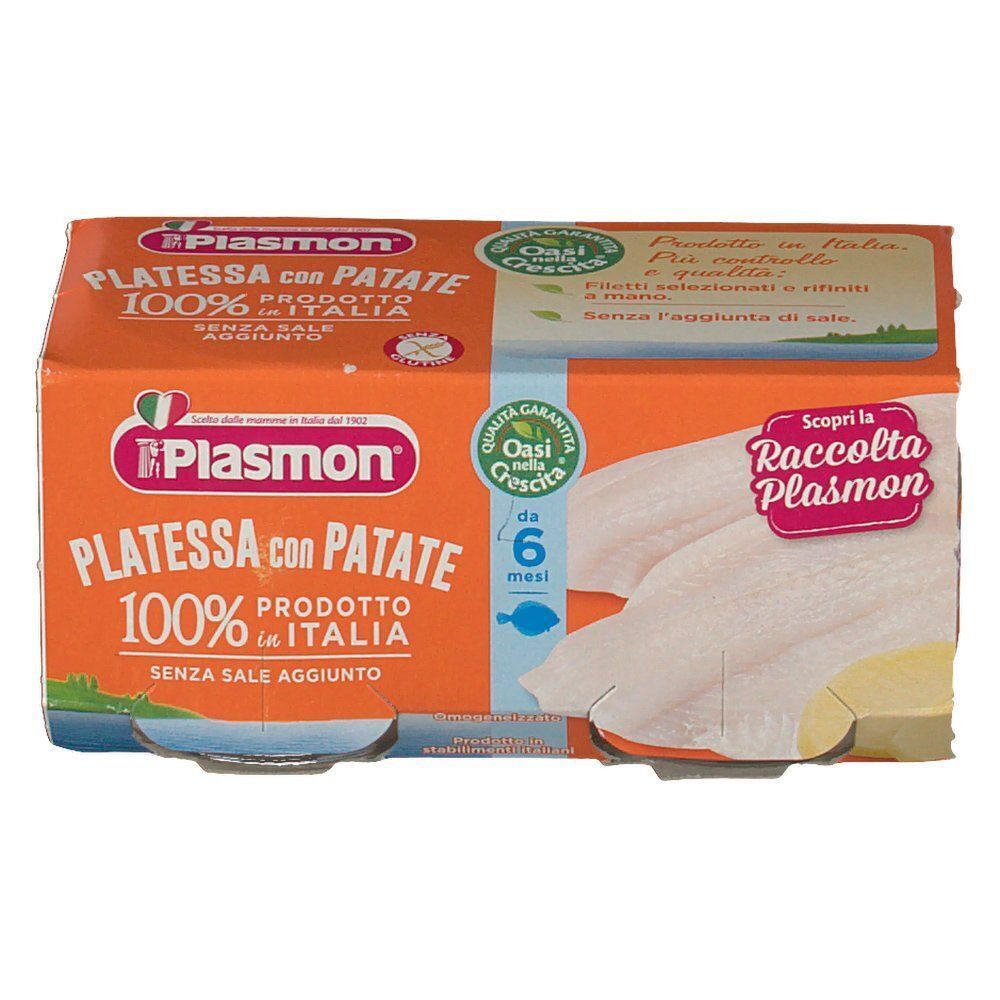 Fronte di una confezione di omogeneizzato Plasmon Platessa con Patate.