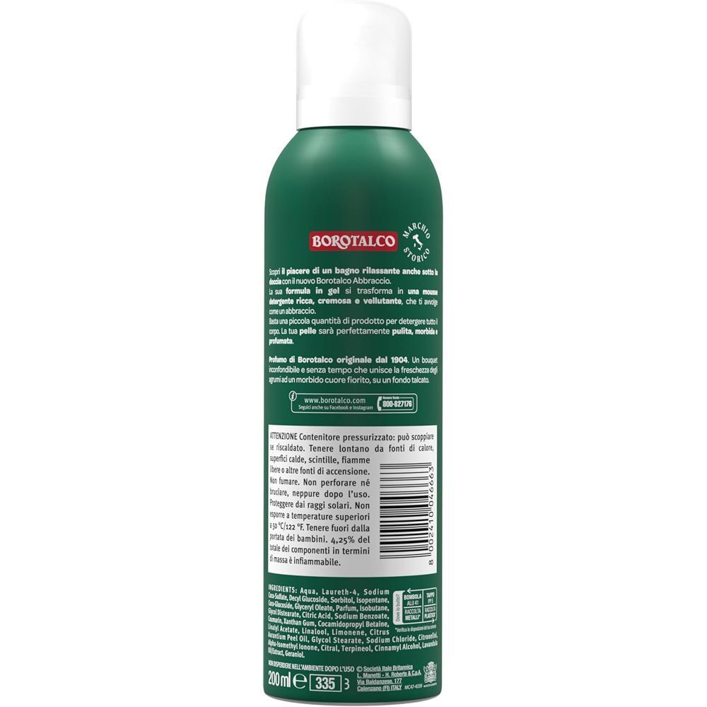 Retro di un flacone Borotalco gel in mousse doccia con informazioni sul prodotto e ingredienti.