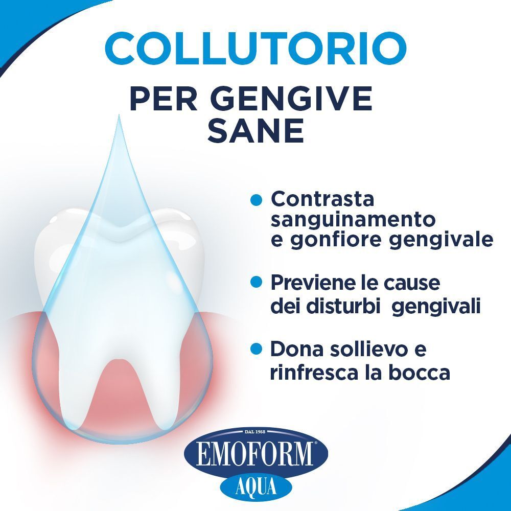 Collutorio Emoform Aqua: Contrasta sanguinamento e gonfiore gengivale.