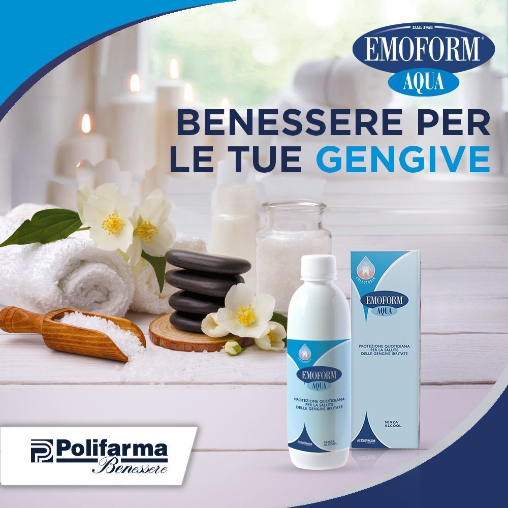 Collutorio Emoform Aqua in un ambiente rilassante di benessere.