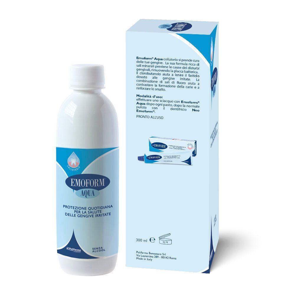 Flacone e scatola di Emoform Aqua, collutorio, 300ml.