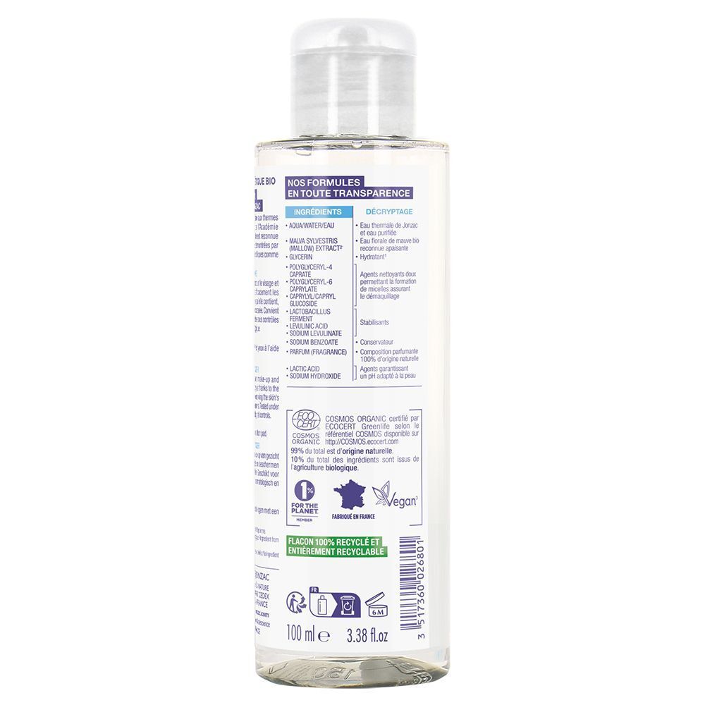 Retro di un flacone di Eau Thermale Jonzac Acqua Micellare con ingredienti e certificazione BIO.