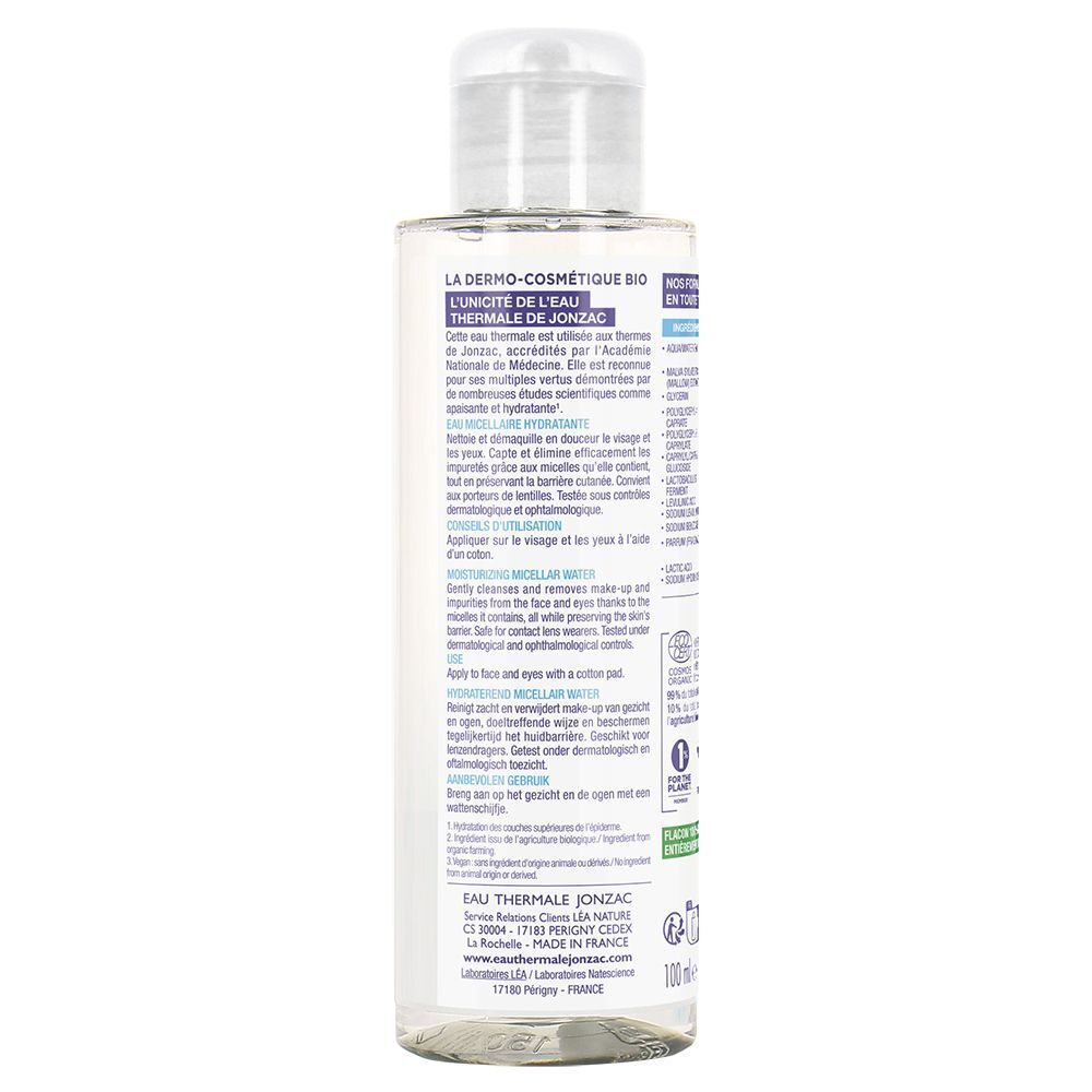 Retro di un flacone di Eau Thermale Jonzac Acqua Micellare Idratante con istruzioni per l'uso e certificazioni.