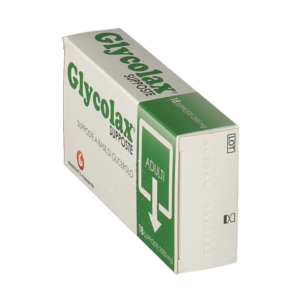 Confezione di Glycolax Supposte Glicerolo 2500Mg per adulti, 18 supposte. Vista laterale con numero LOT.