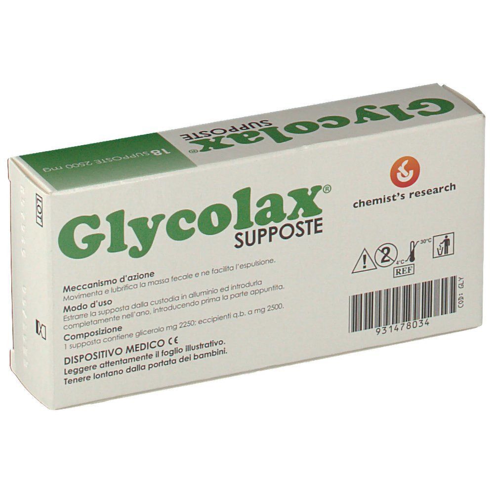 Retro di una confezione di Glycolax Supposte Glicerolo 2500Mg per adulti, 18 supposte. Include istruzioni per l'uso.
