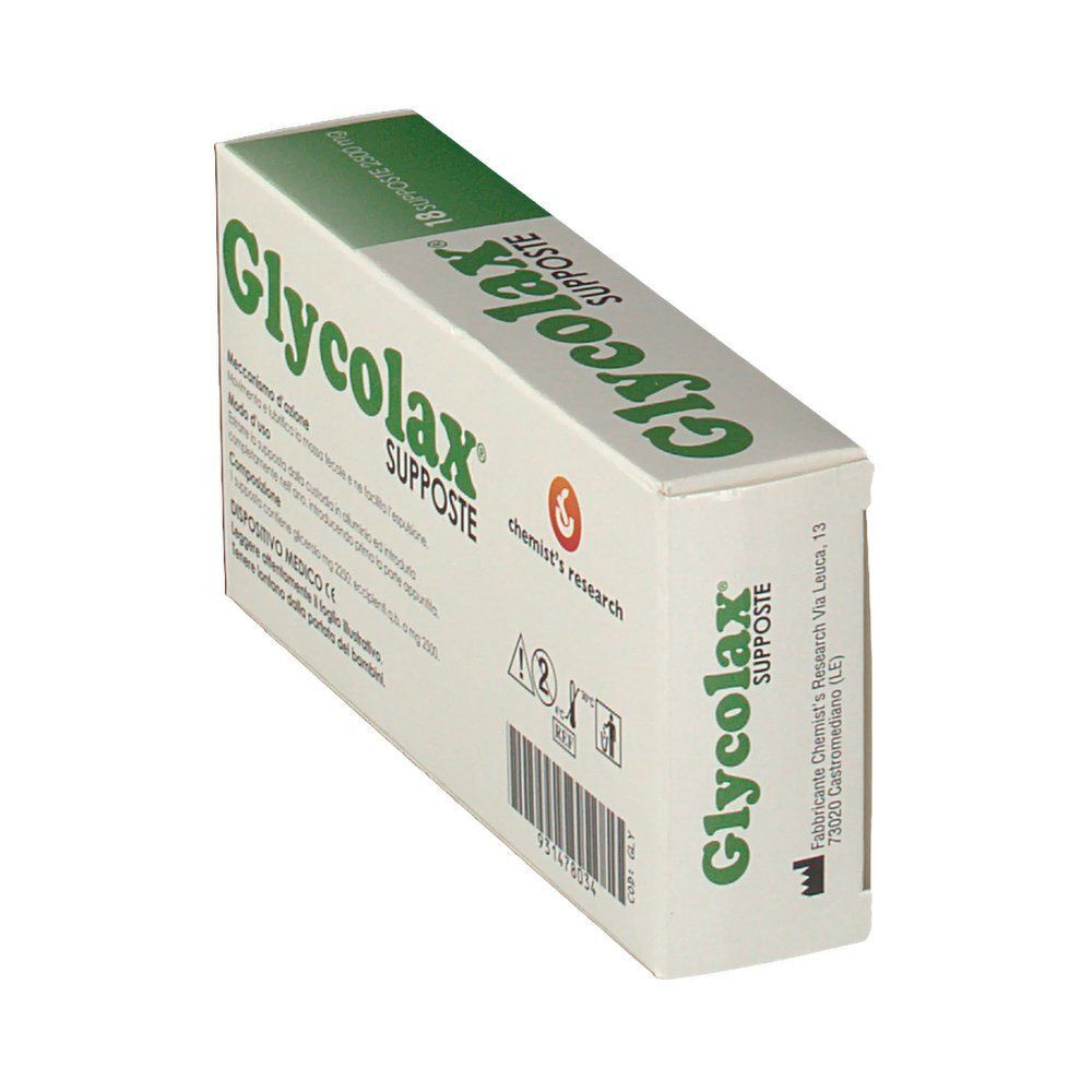 Vista laterale di una confezione di Glycolax Supposte Glicerolo 2500Mg per adulti, 18 supposte. Contiene informazioni sul produttore.