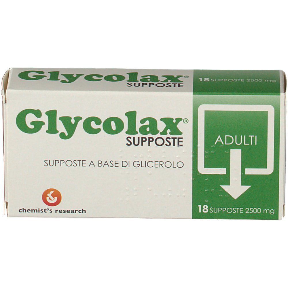Fronte di una confezione di Glycolax Supposte Glicerolo 2500Mg per adulti, 18 supposte. Con simbolo freccia per adulti.