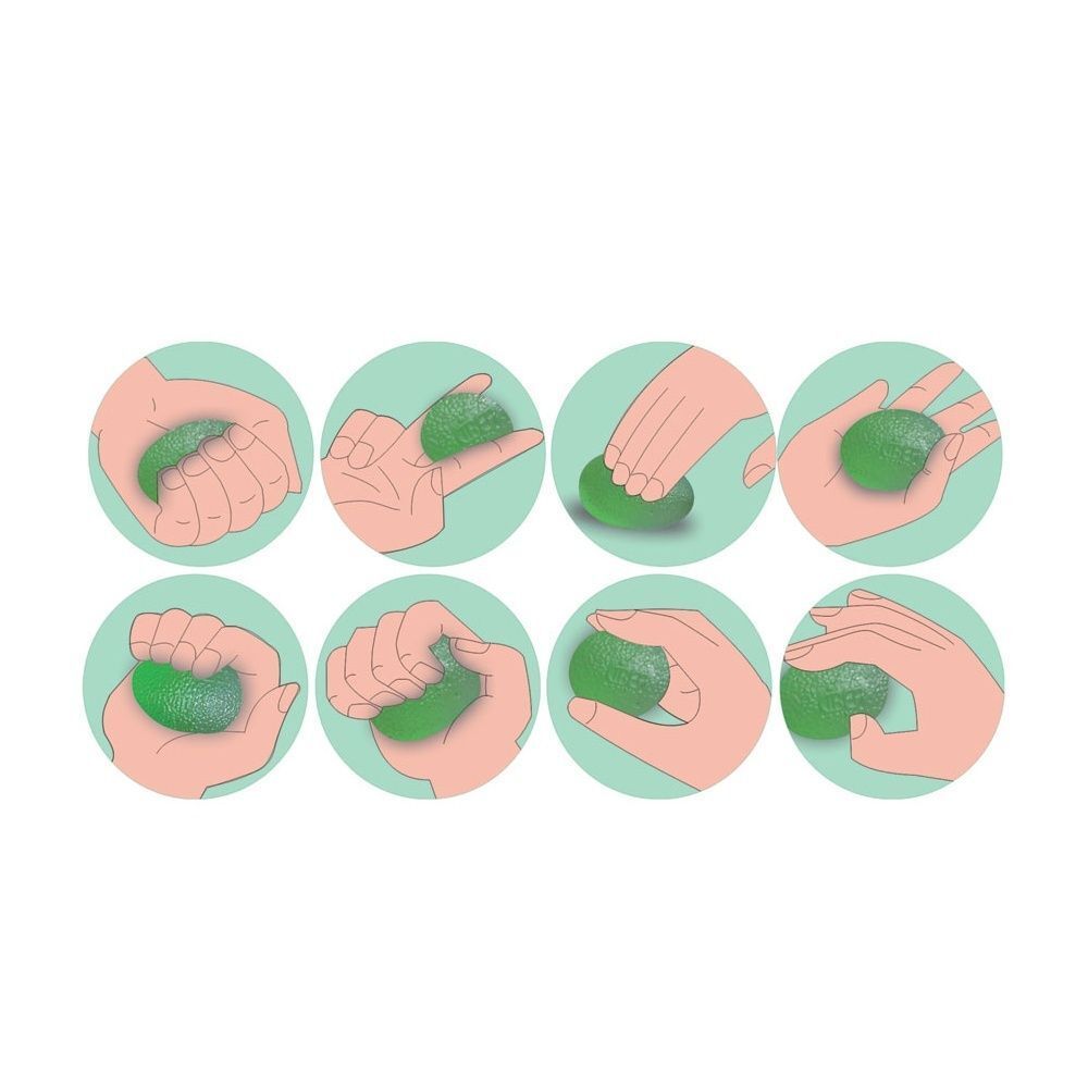 Otto illustrazioni di mani che tengono e stringono un uovo verde.