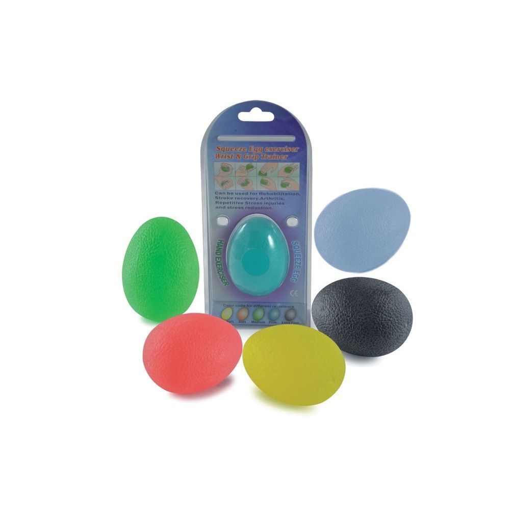 Cinque uova colorate (verde, rosso, giallo, blu, nero) e una confezione con un uovo blu.