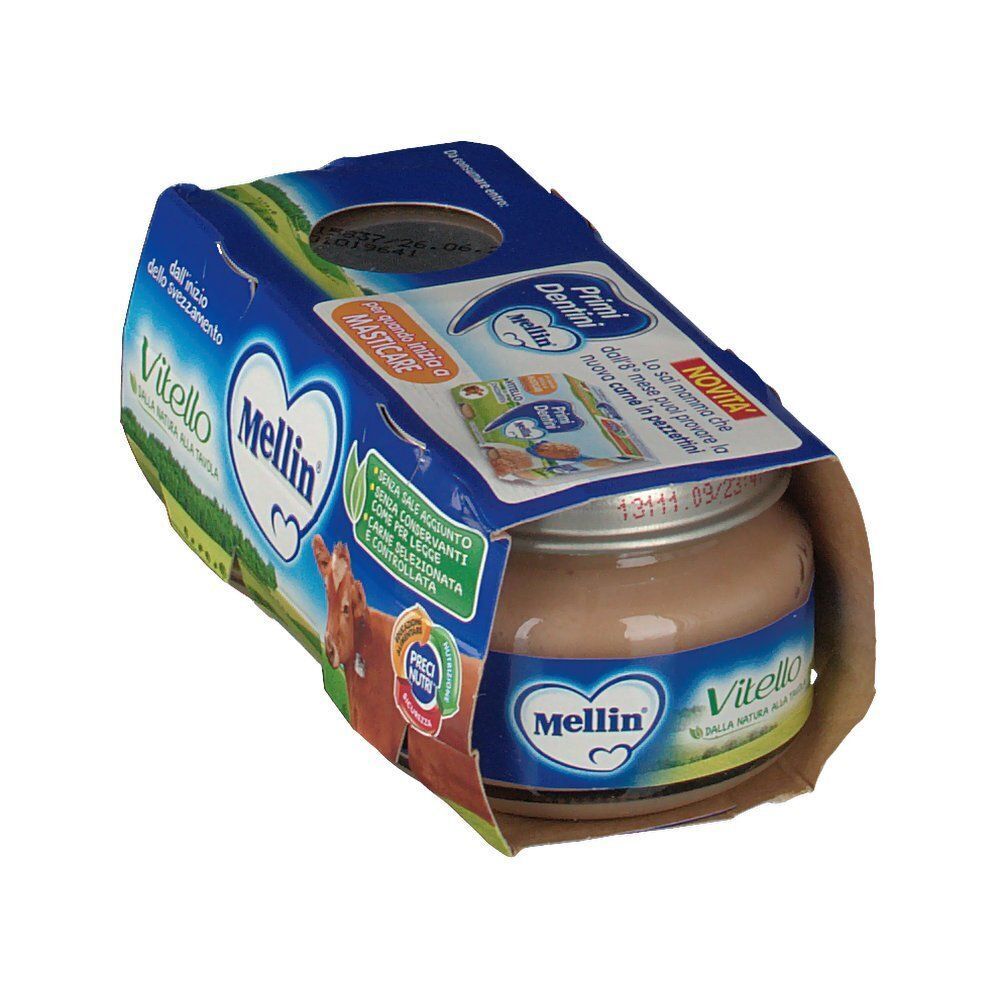 Omogeneizzato Mellin Vitello in vasetto, 100% naturale, senza sale, in confezione.