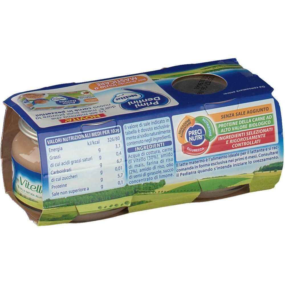 Retro della confezione Mellin Vitello con valori nutrizionali e ingredienti.