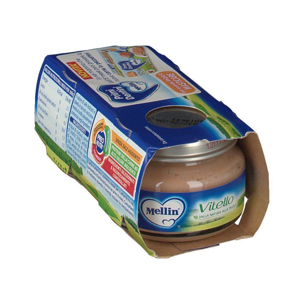Omogeneizzato Mellin® Vitello in vasetto, vista laterale della confezione di cartone.