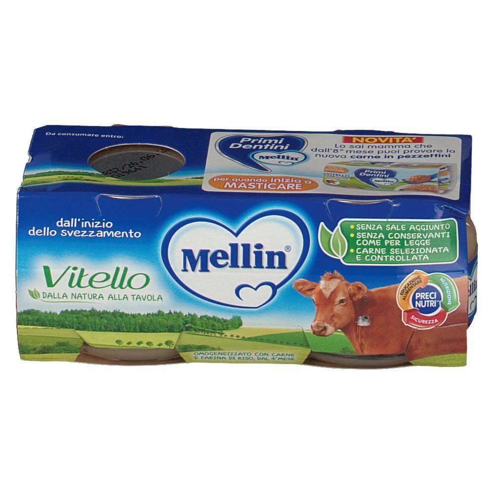 Confezione di omogeneizzato Mellin® Vitello, 100% naturale, senza sale aggiunto.