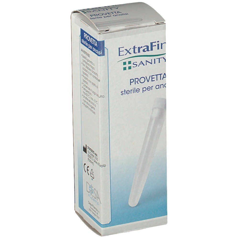 Confezione di provette sterili Extrafine Sanity per analisi, con immagine di una provetta e marchio CE.