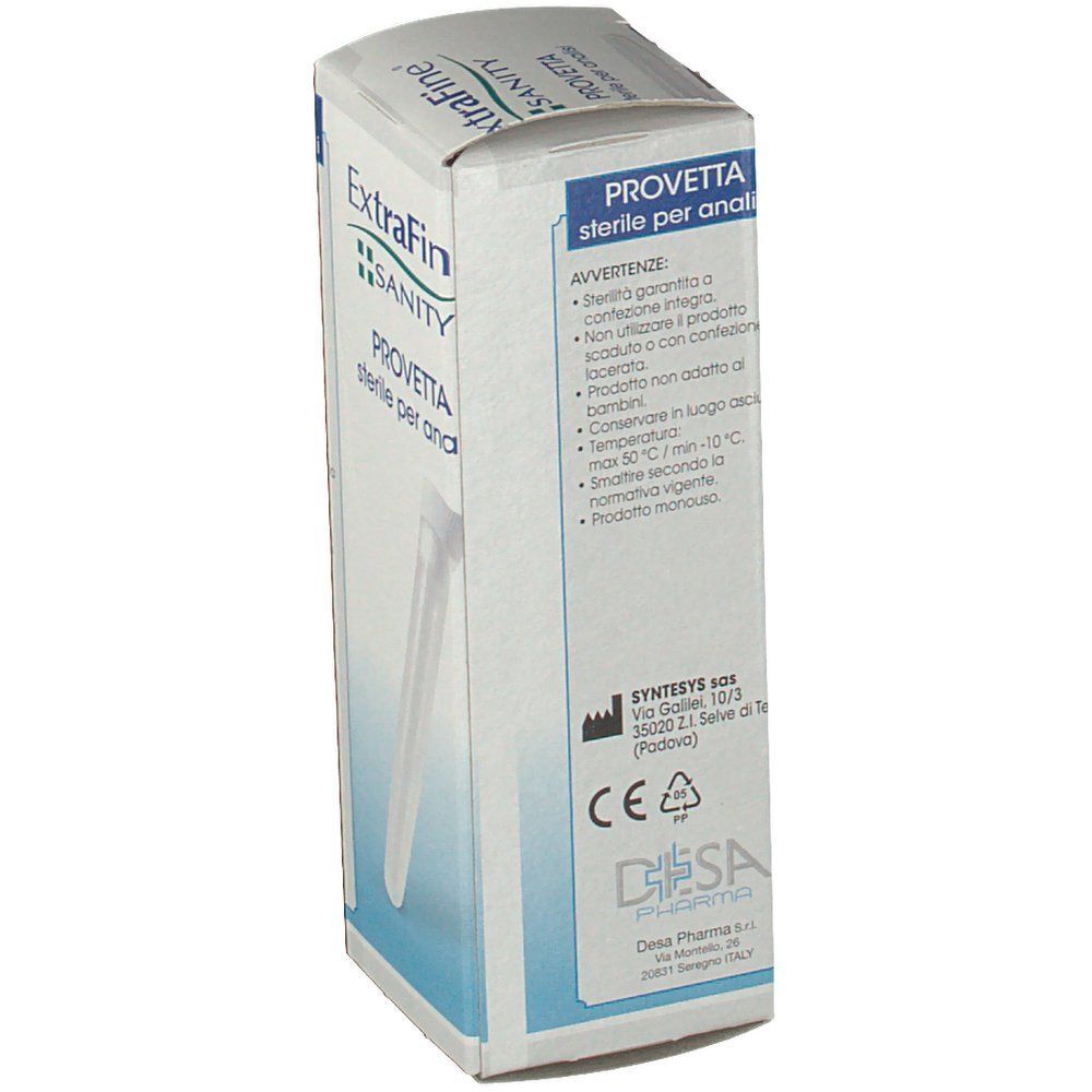 Confezione di provette sterili Extrafine Sanity per analisi, vista laterale con avvertenze.