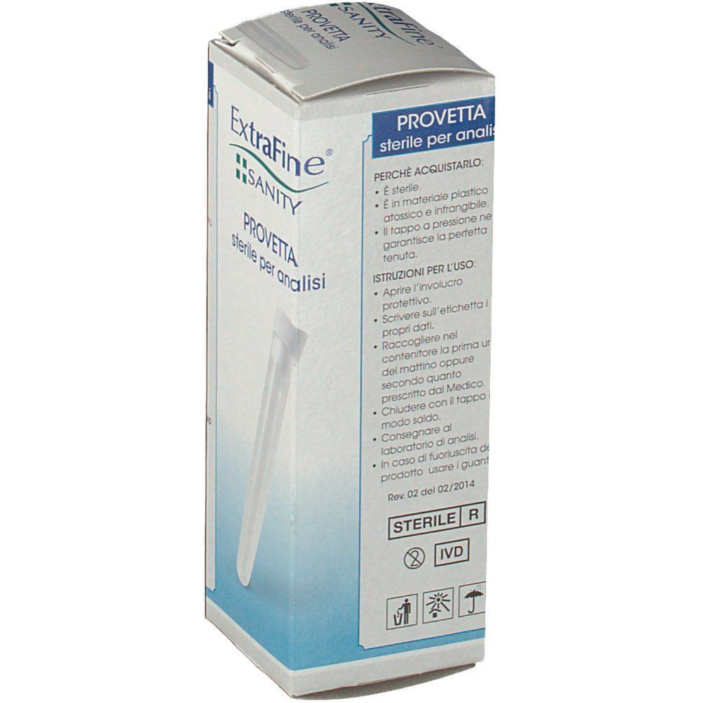 Confezione di provette sterili Extrafine Sanity per analisi, retro con istruzioni per l'uso.