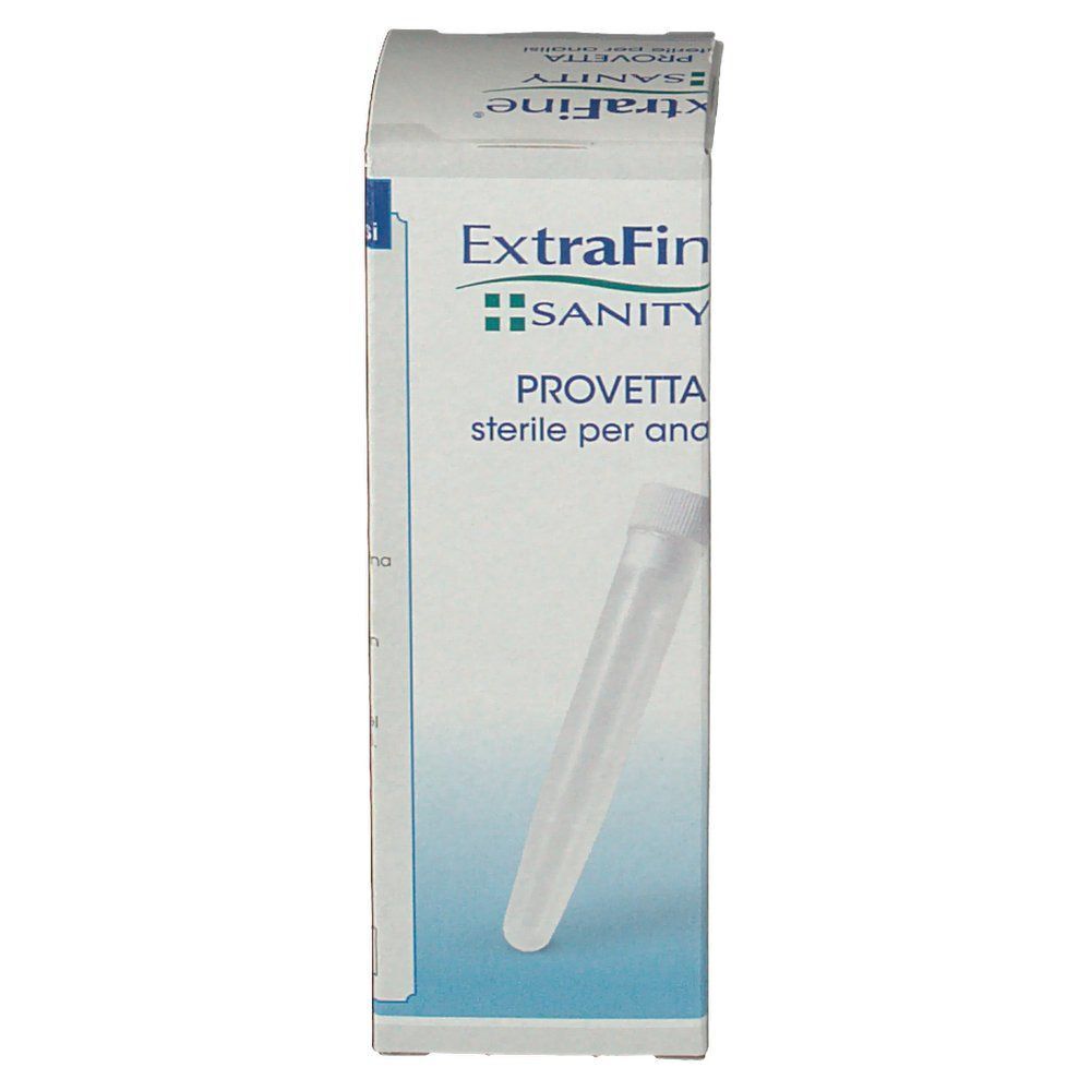 Confezione di provette sterili Extrafine Sanity per analisi, vista laterale.
