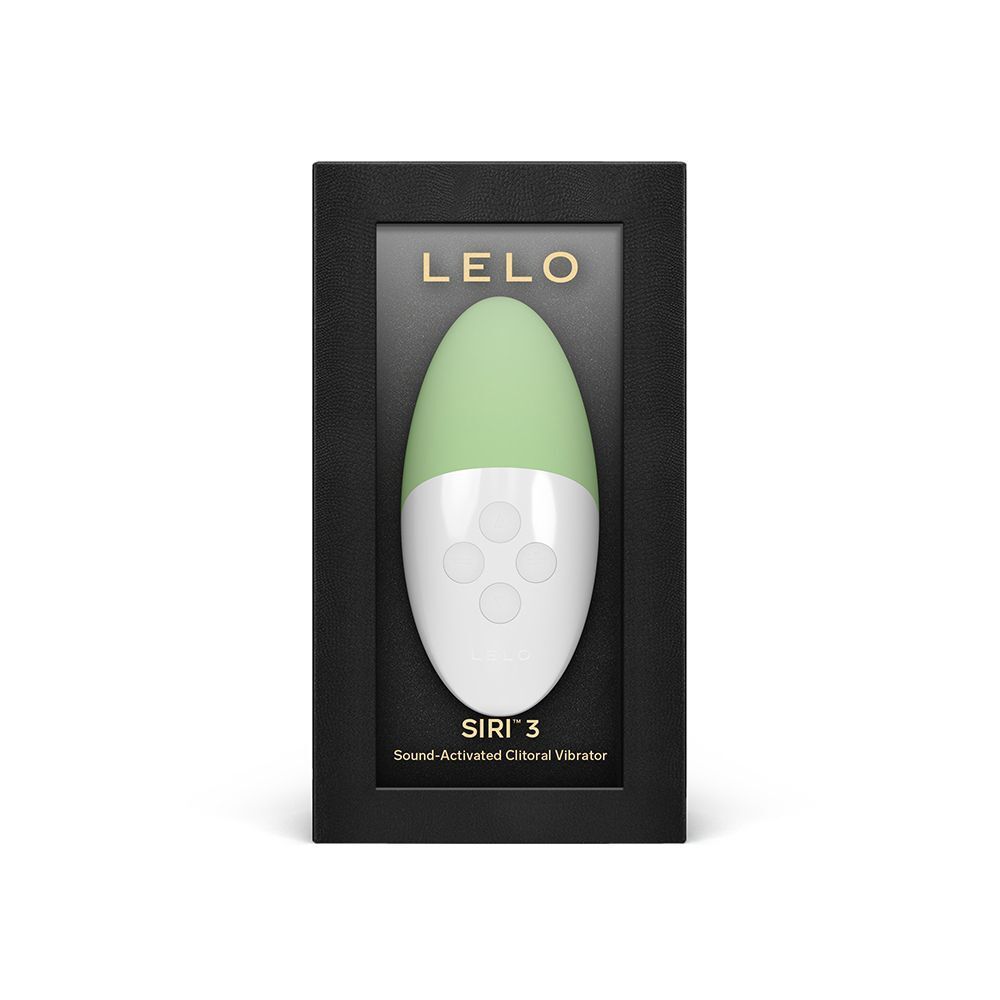 Un vibratore bianco e verde pistacchio in una scatola regalo nera con logo Lelo Siri 3.