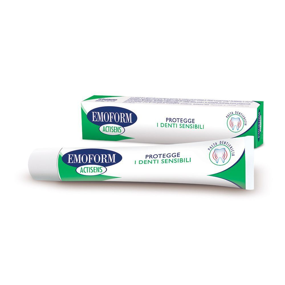 Dentifricio EMOFORM Actisens per denti sensibili in tubetto e astuccio.