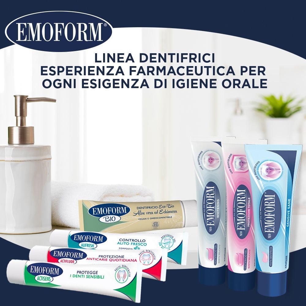 Gamma di dentifrici EMOFORM, inclusi Actisens per denti sensibili.