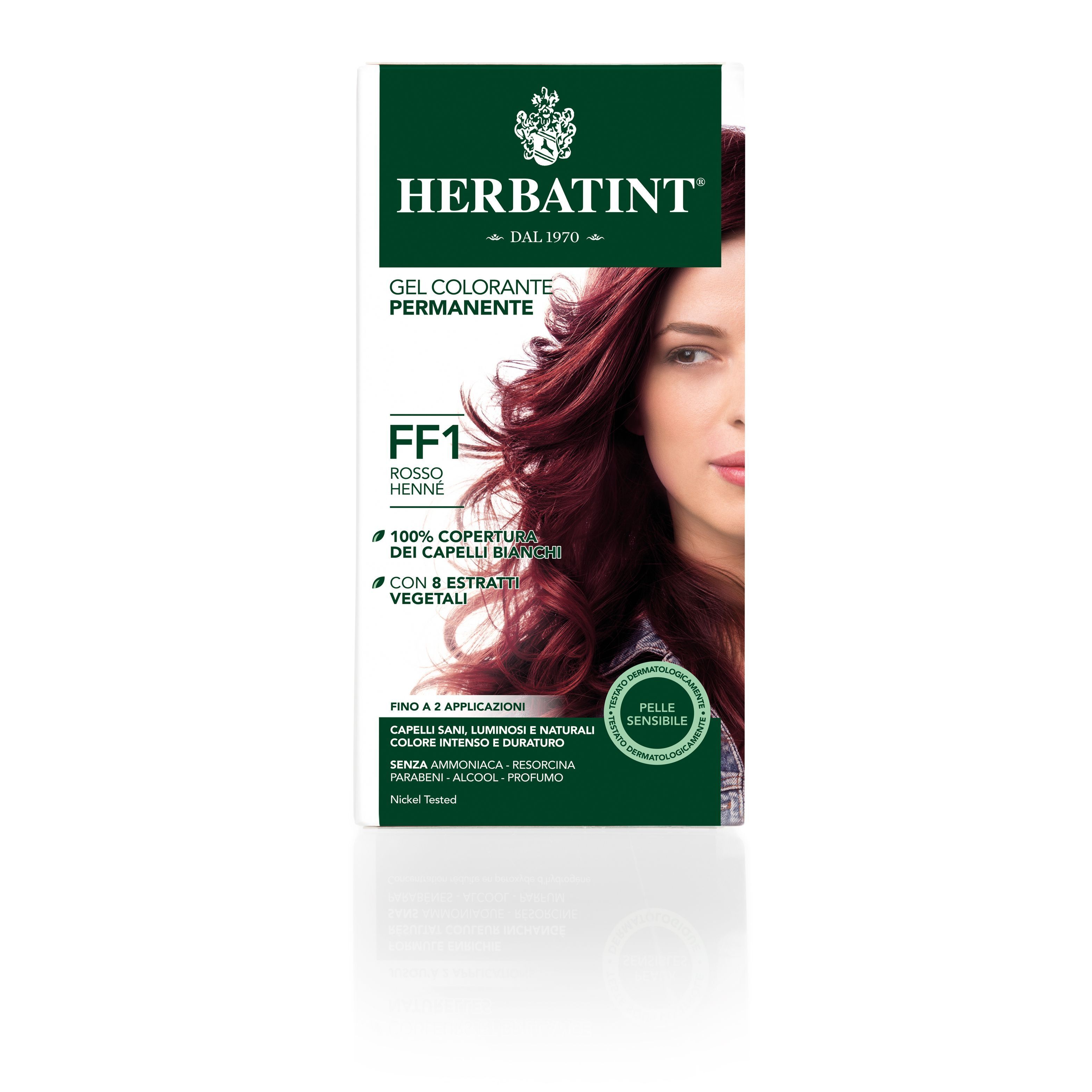 HERBATINT® FF1 Rosso Henne: Confezione di tinta permanente, mostra una donna con capelli rossi e informazioni sul prodotto.