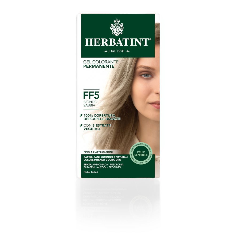 Fronte della confezione HERBATINT® FF5 Biondo Sabbia, con tonalità e modello.