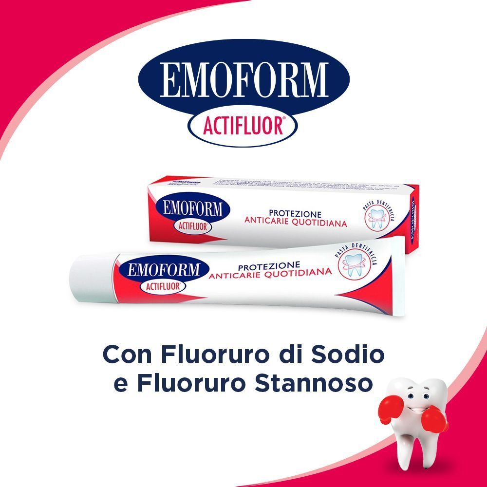 Tubetto e scatola di dentifricio EMOFORM Actifluor, con indicazione di fluoruro di sodio e stannoso.