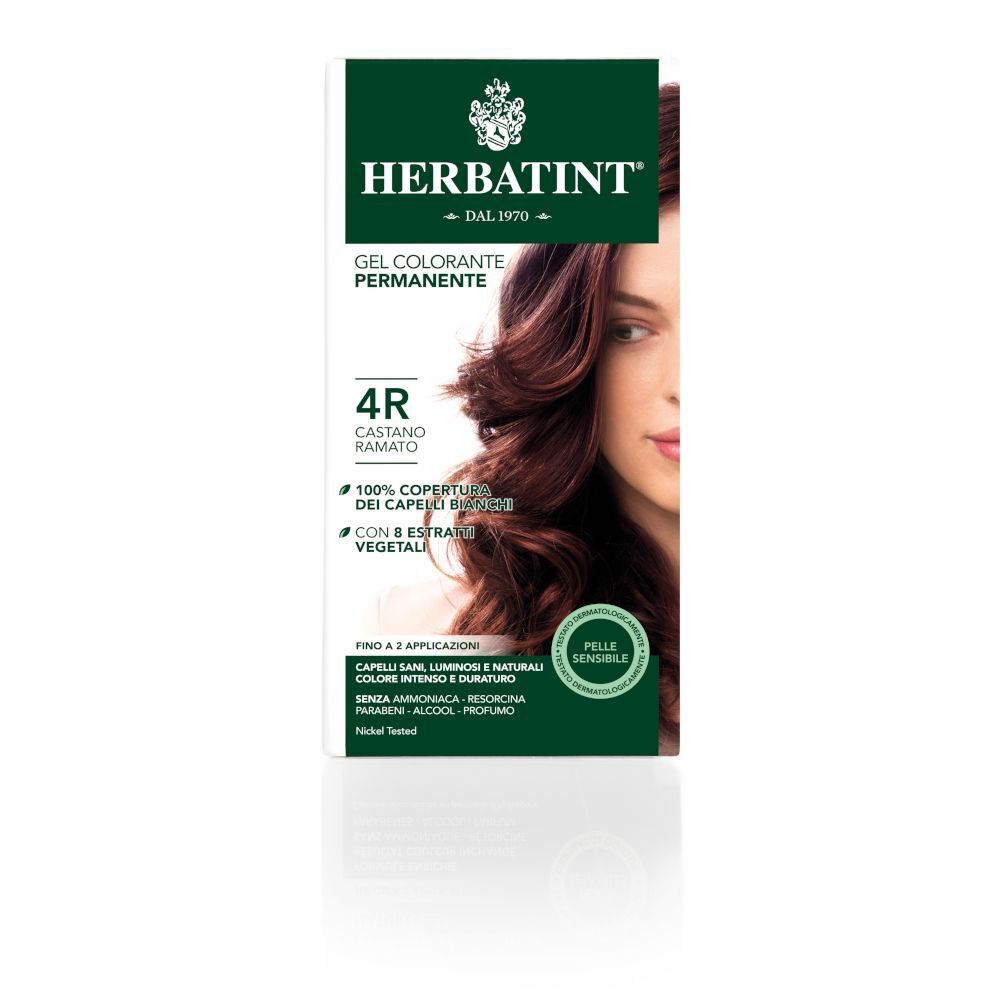 Confezione di HERBATINT® Gel Colorante Permanente 4R Castano Ramato, con immagine di donna dai capelli castani.