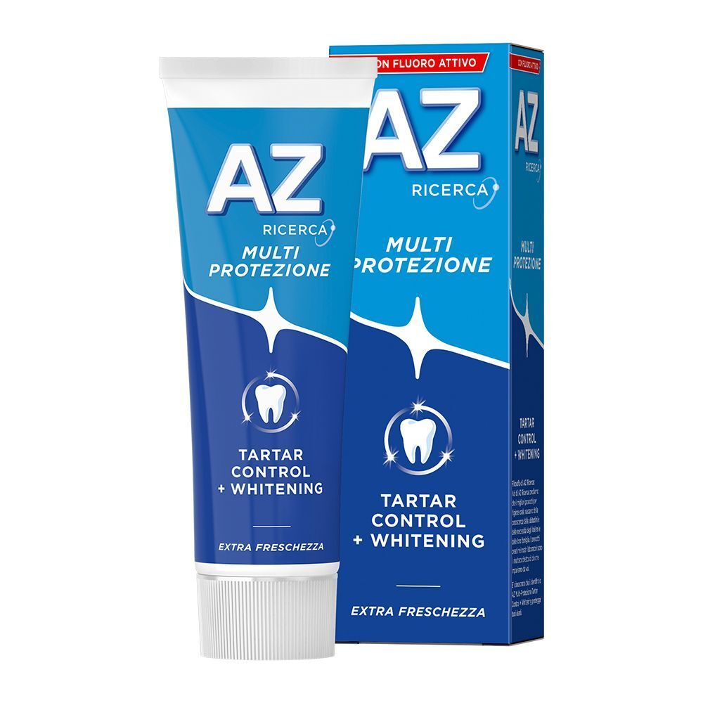 Dentifricio AZ Tartar Control + Whitening, Multi Protezione, in tubo e scatola.