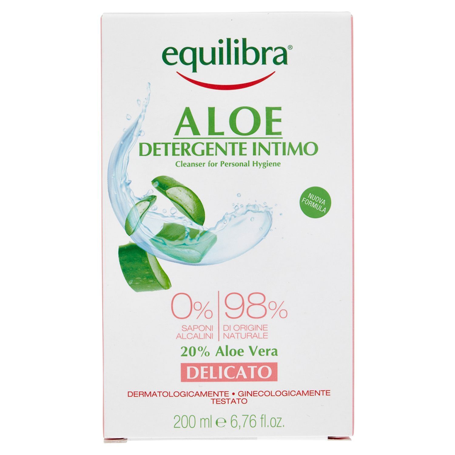 Equilibra Aloe Detergente Intimo: flacone da 200ml con Aloe Vera, 0% saponi alcalini, testato dermatologicamente.