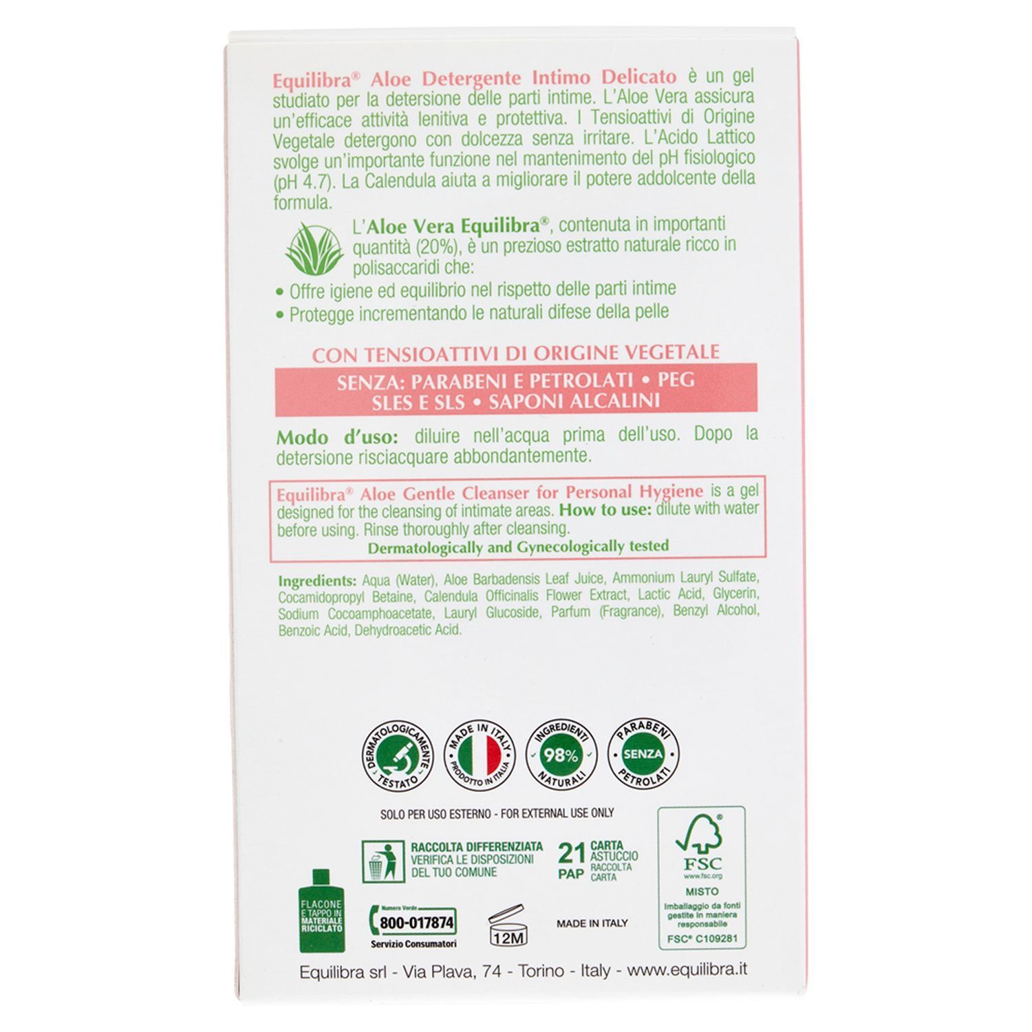 Equilibra Aloe Detergente Intimo Delicato, retro confezione con ingredienti e modo d'uso.