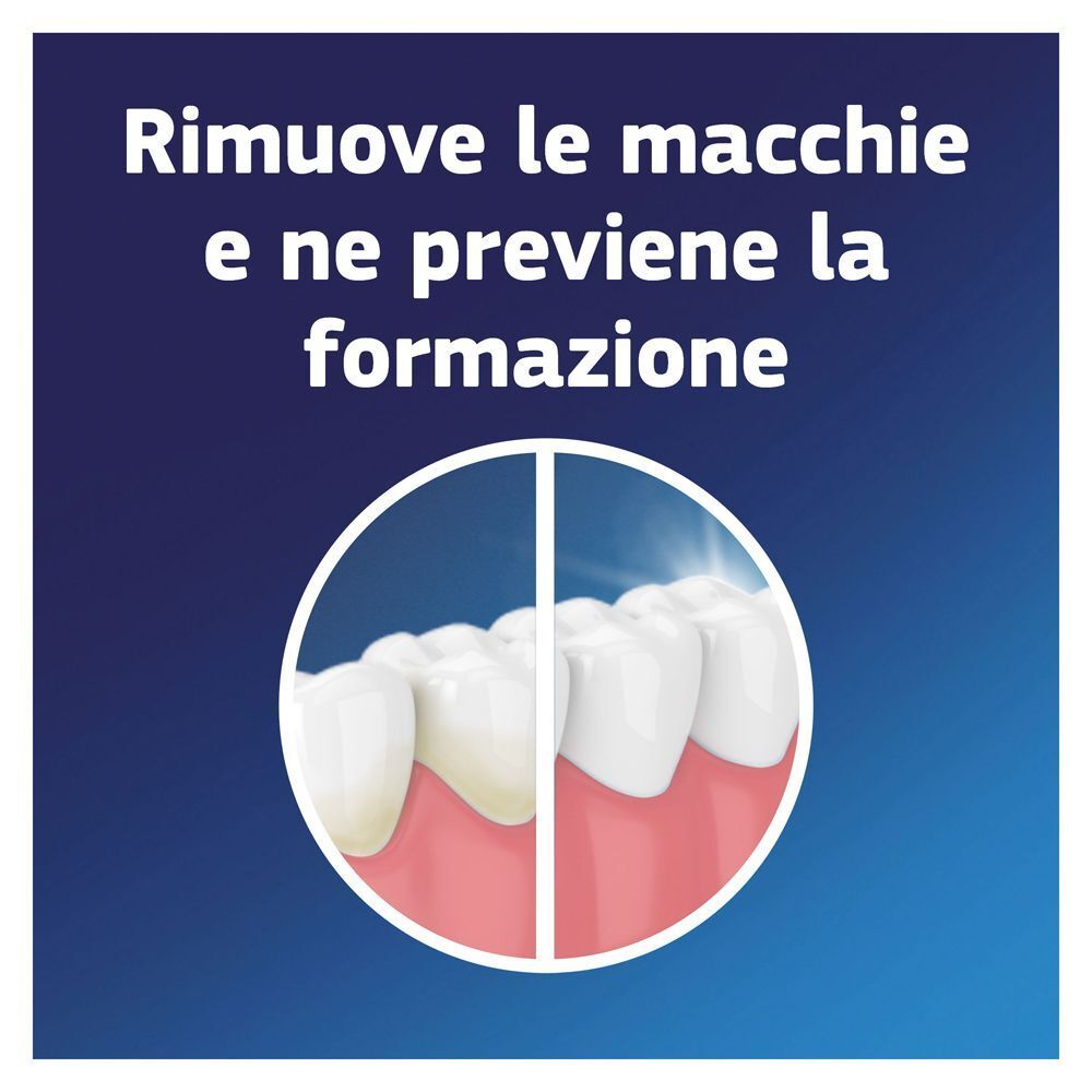 Rimuove le macchie e ne previene la formazione sulle protesi dentali.