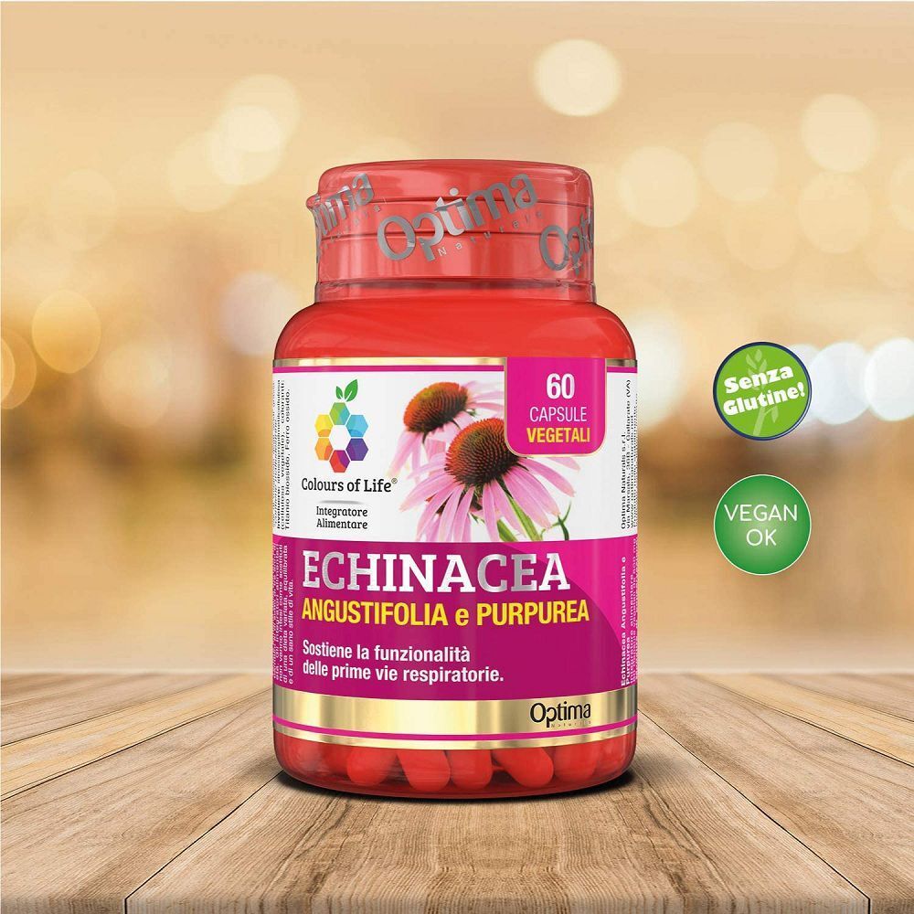 Flacone di capsule di echinacea su tavolo di legno, con sigilli senza glutine e vegan.