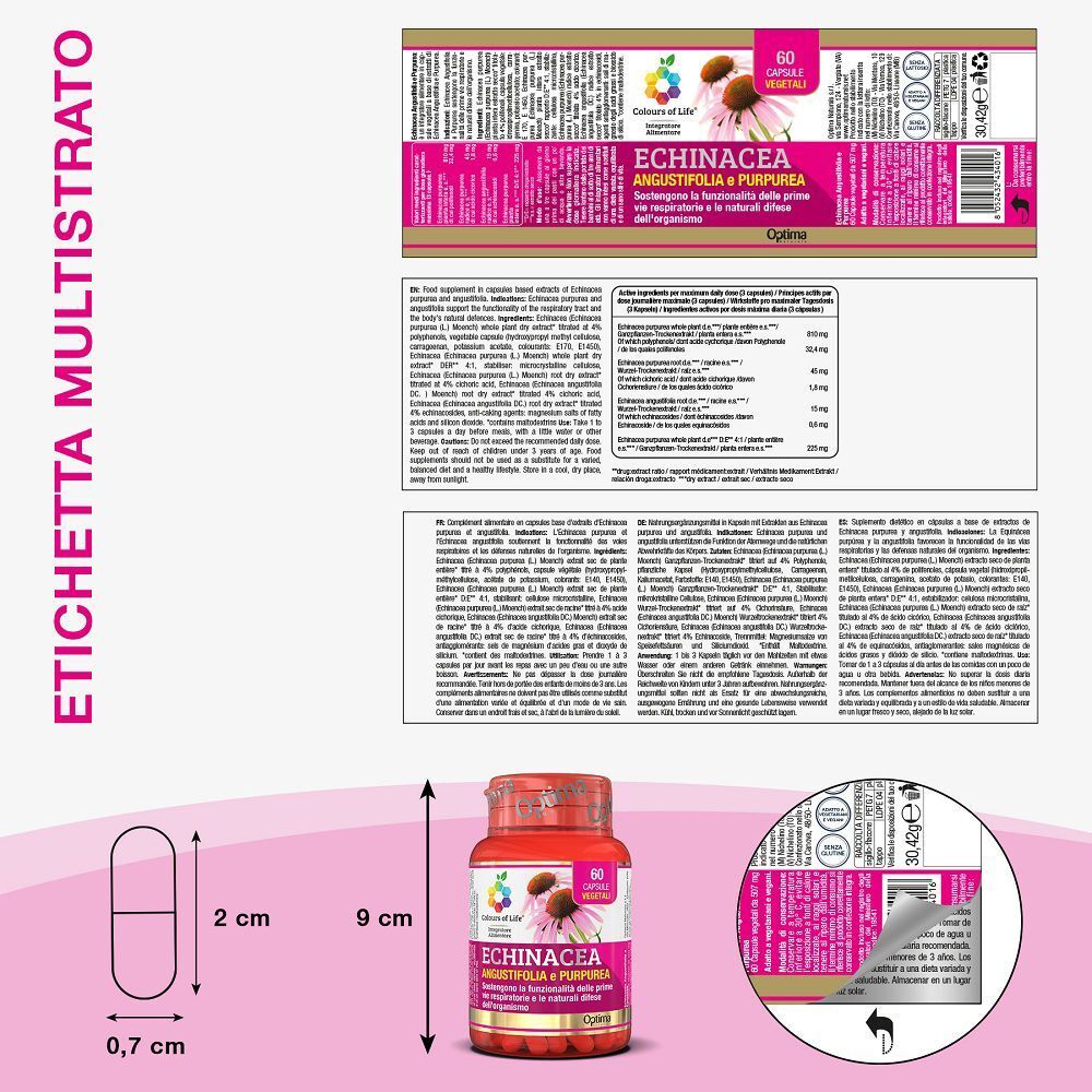 Flacone di capsule di echinacea, dettagli dell'etichetta e dimensioni di una capsula.