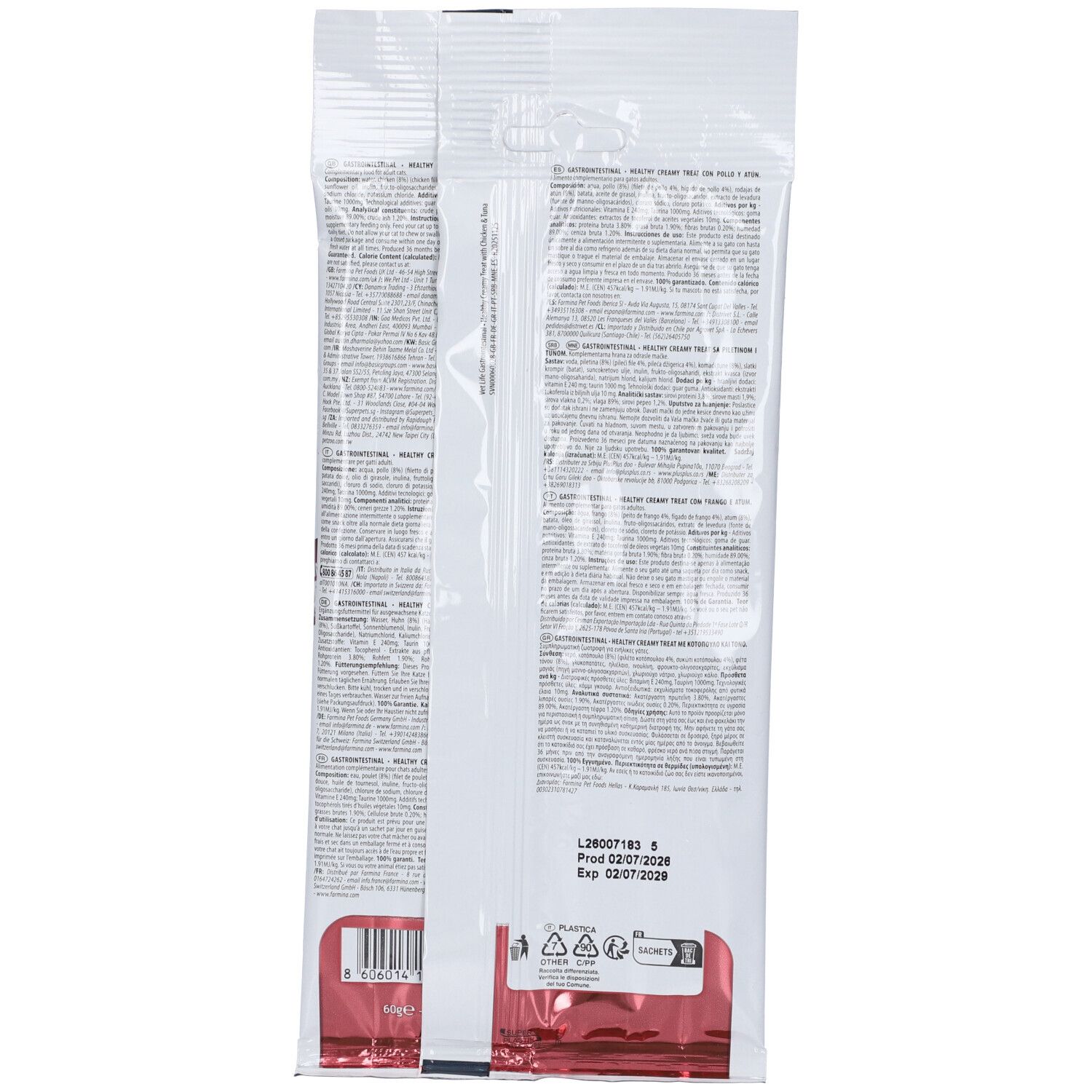 Retro del VetLife Gastrointestinal Healthy Creamy Treat con pollo e tonno per gatti adulti.