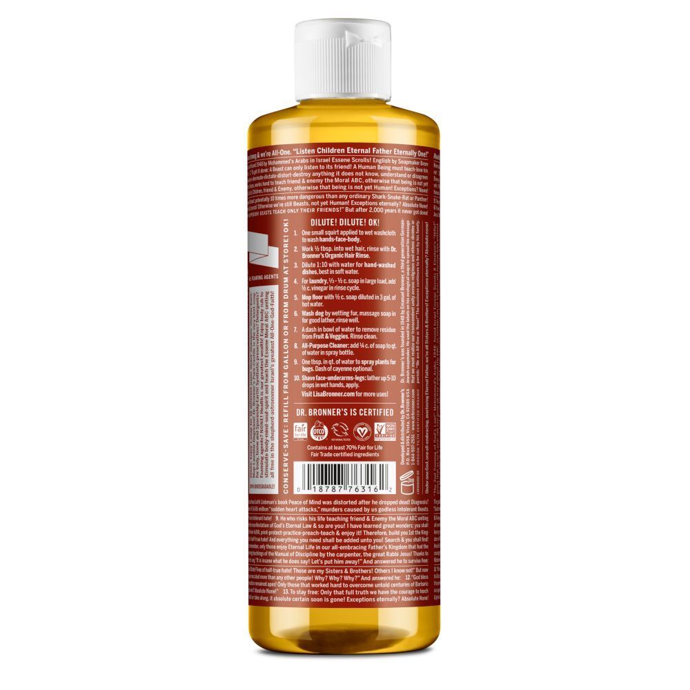 Retro di un flacone di Sapone Liquido Bio Eucalipto Dr. Bronner's 18-in-1, con ingredienti e certificazioni.