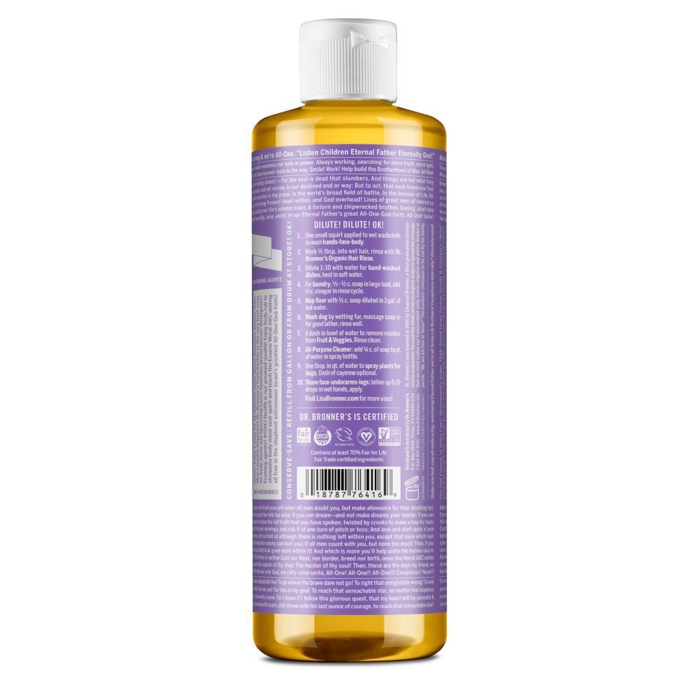 Retro di un flacone di Sapone Liquido Bio Dr. Bronner's 18 in 1 Lavanda con istruzioni.