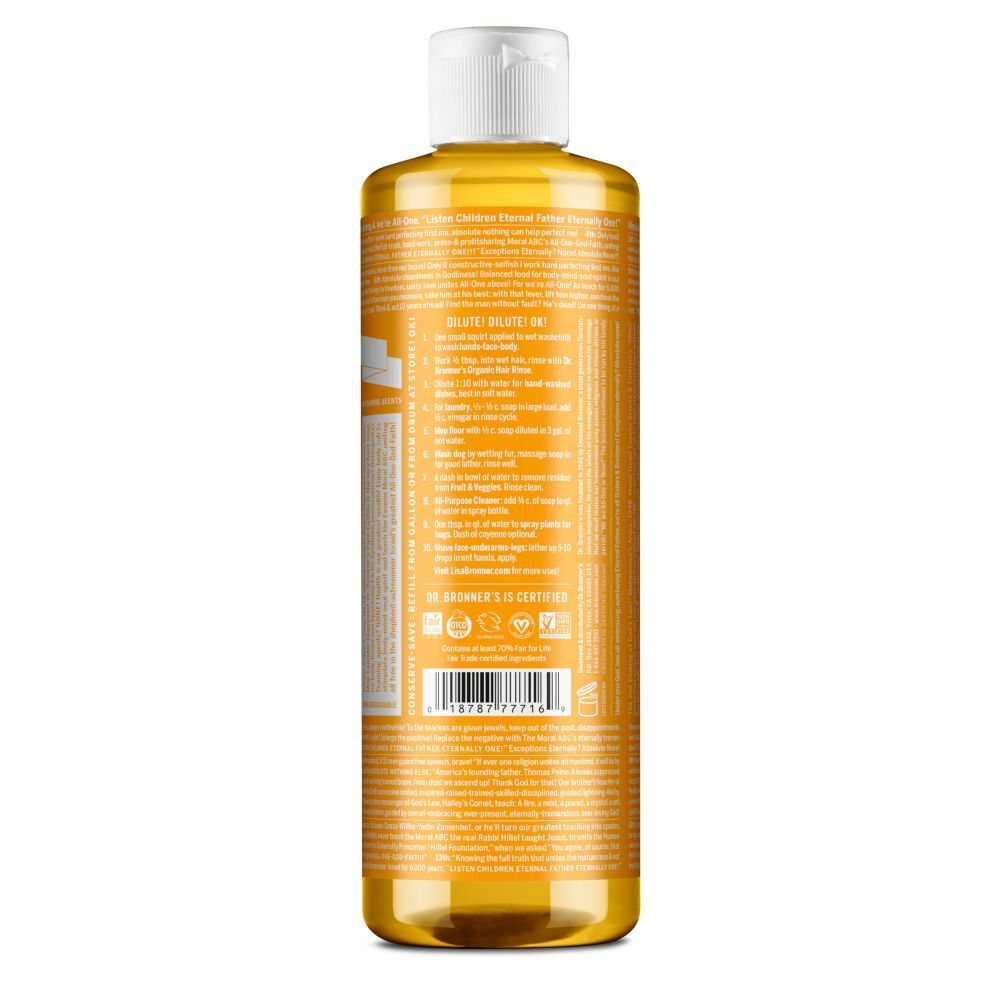 Retro di un flacone di sapone liquido Dr. Bronner's Agrumi-Arancia All-One Magic Soap con ingredienti e certificazioni.