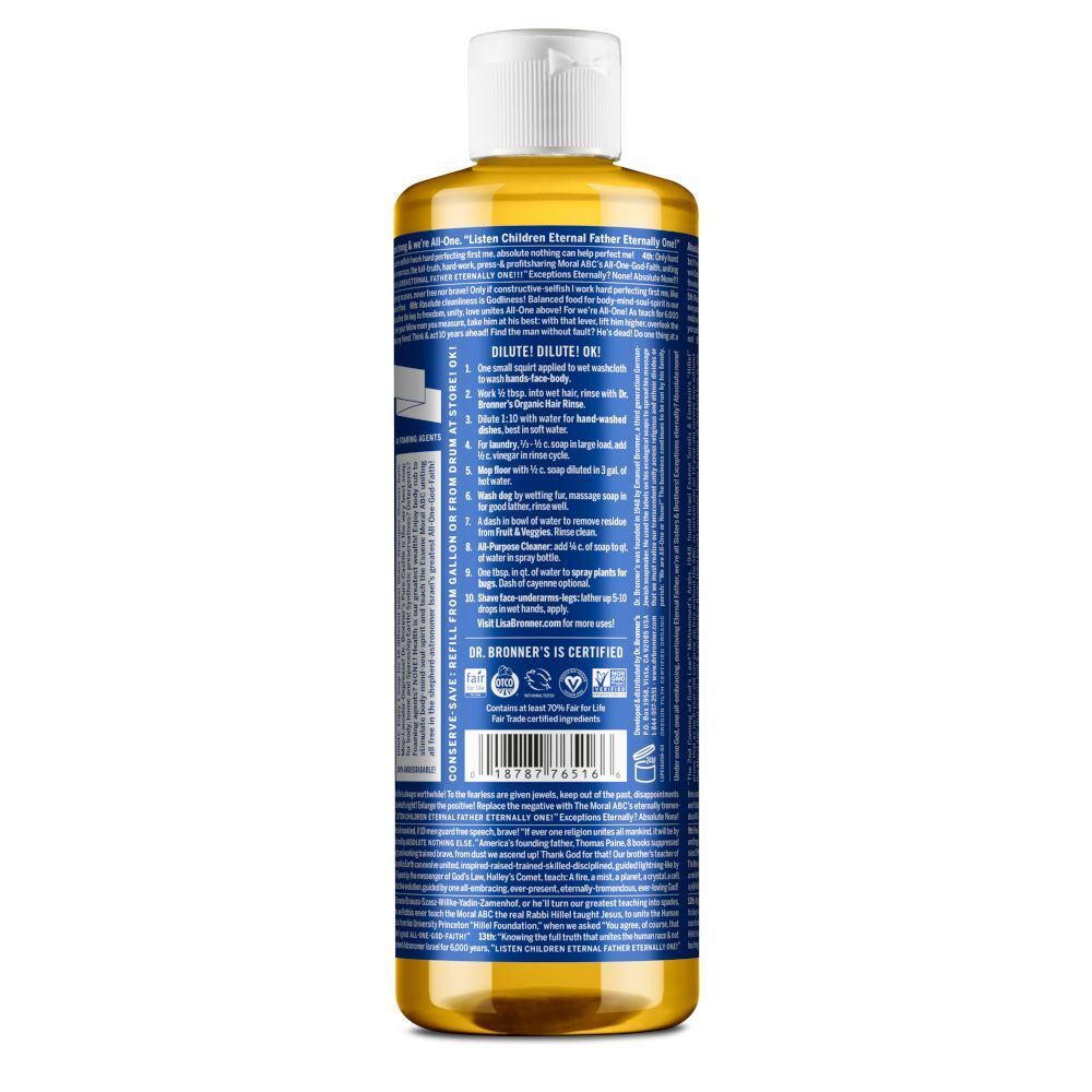 Retro di un flacone di sapone Dr. Bronner's menta piperita con ingredienti e certificazioni.