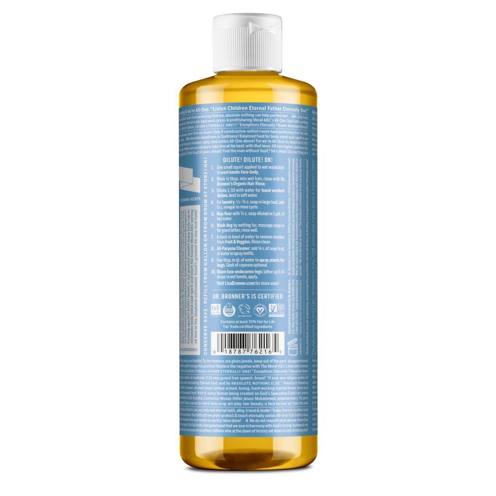 Retro di un flacone di Dr. Bronner's 18-in-1 Baby-Mild Pure-Castile Soap con istruzioni.