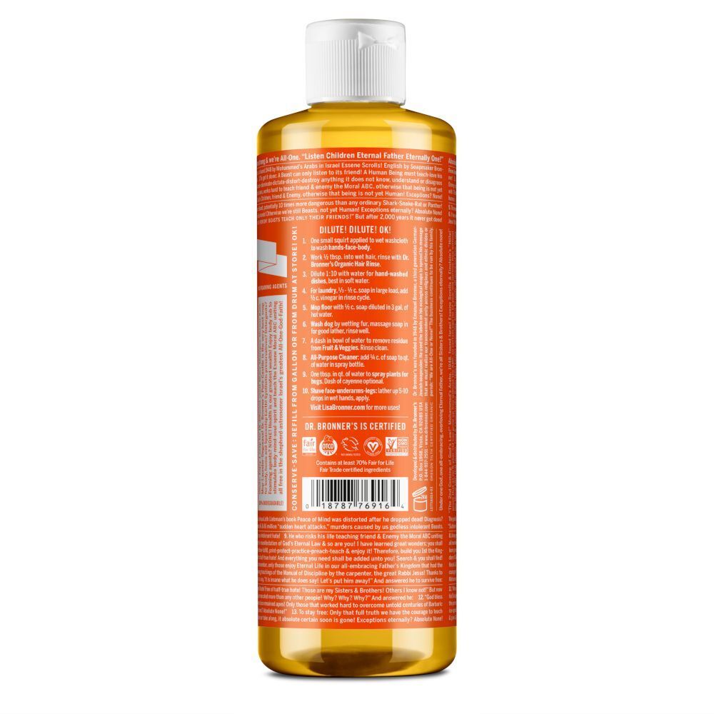 Retro di un flacone di sapone liquido biologico Dr. Bronner's 18-in-1 Tea Tree con istruzioni.