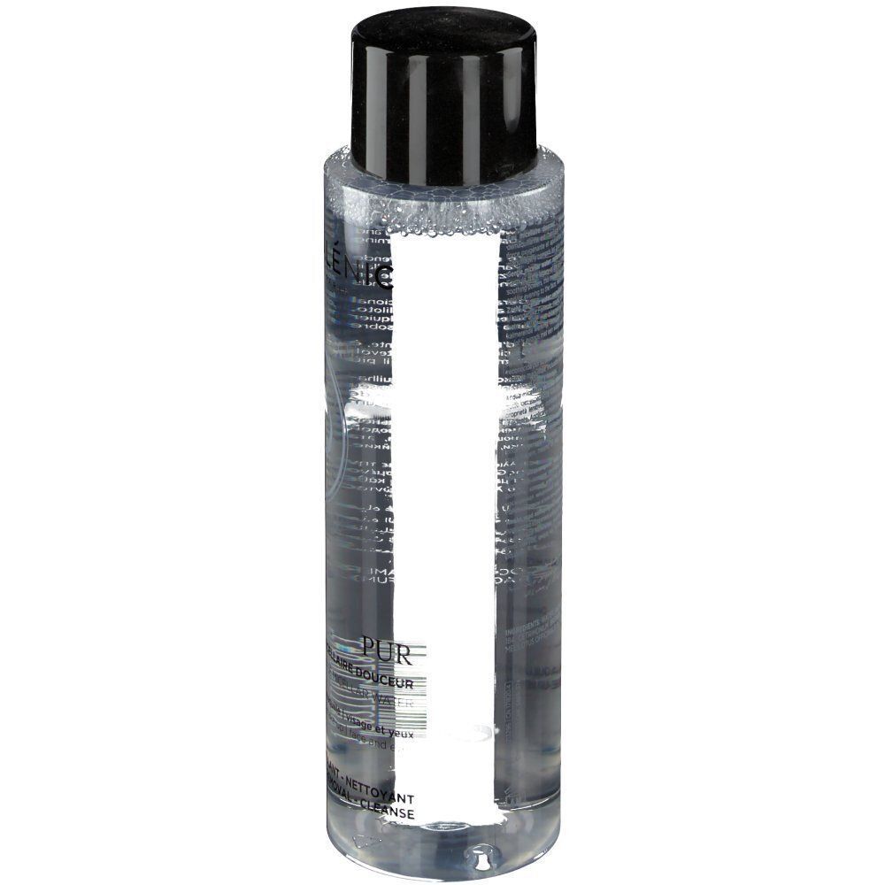 Un flacone di GALÉNIC Eau Micellare Delicata, contenuto trasparente, tappo nero, etichetta bianca con scritte nere.