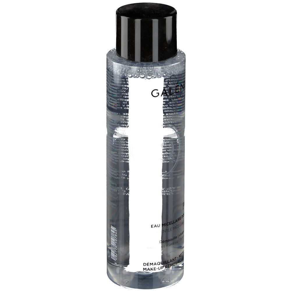 Un flacone di GALÉNIC Eau Micellare Delicata, contenuto trasparente, tappo nero, etichetta bianca con scritte nere.