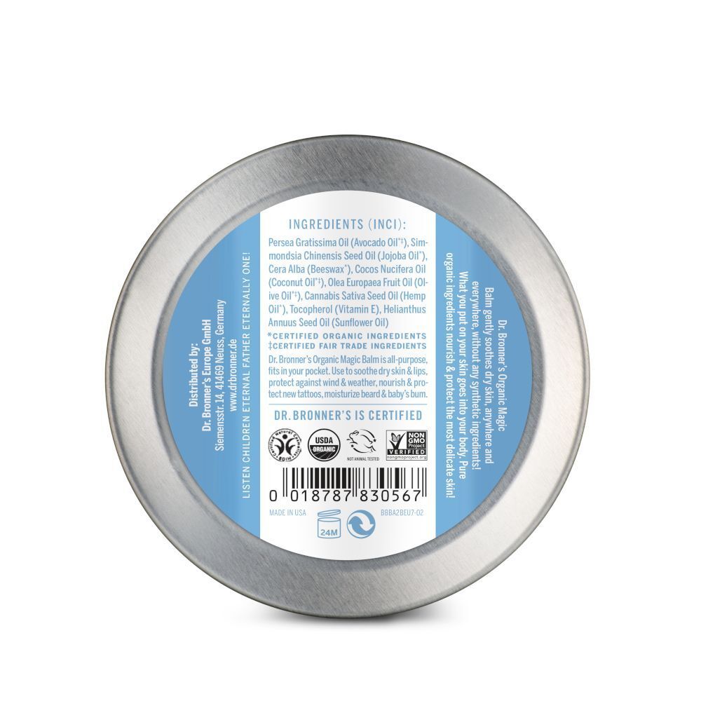 Retro di una lattina Dr. Bronner's Organic Magic Balm con ingredienti e certificazioni.