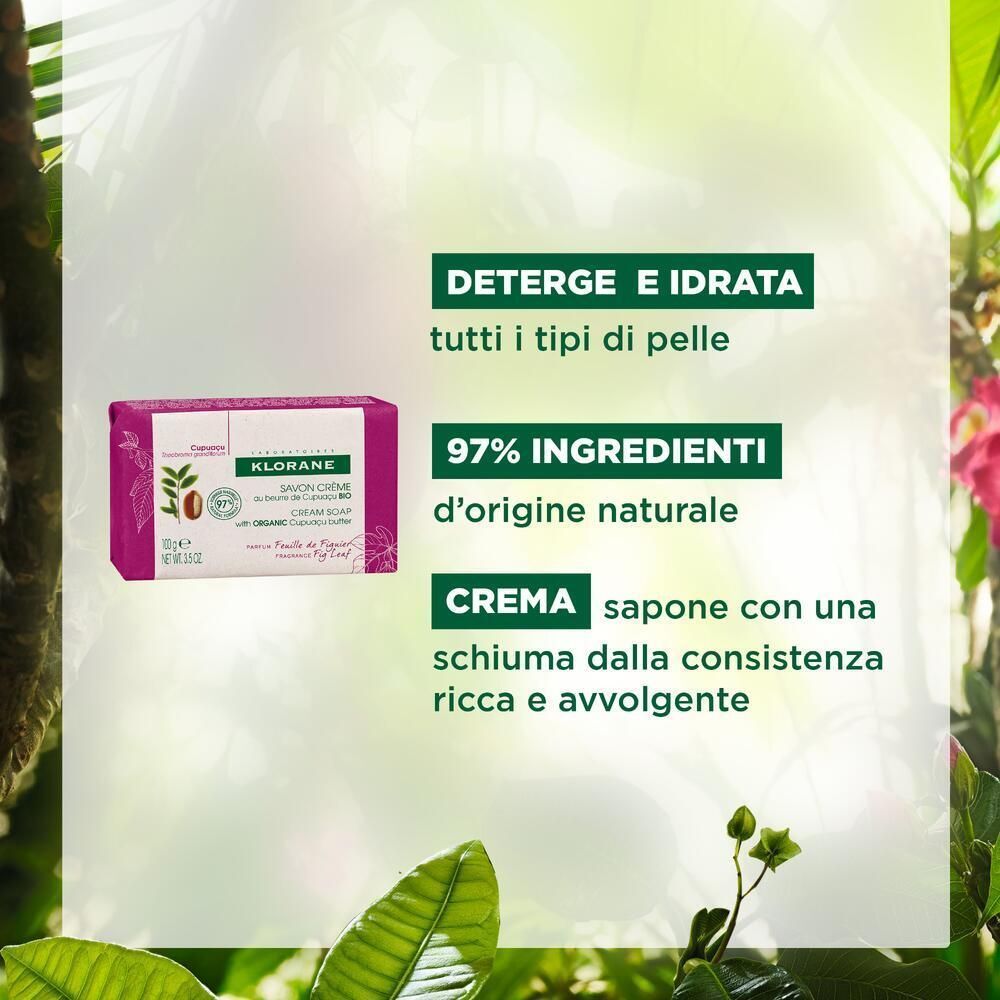 Sapone crema Klorane con burro di Cupuaçu: deterge e idrata, 97% ingredienti naturali.