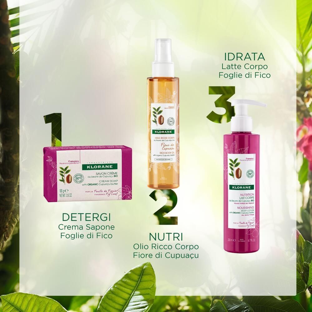 Linea Klorane Foglia di Fico: sapone, olio corpo e latte corpo.
