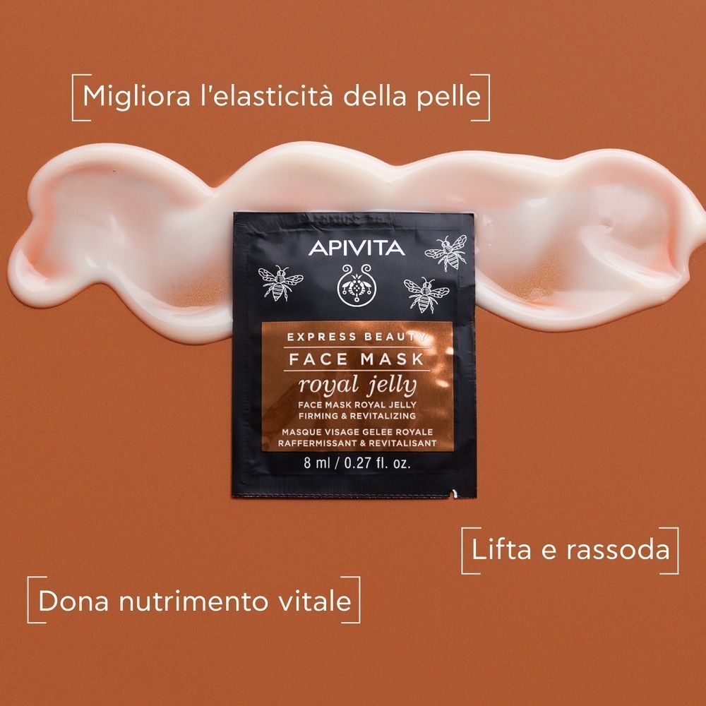 Bustina Apivita Royal Jelly Maschera Viso con maschera applicata e testo.