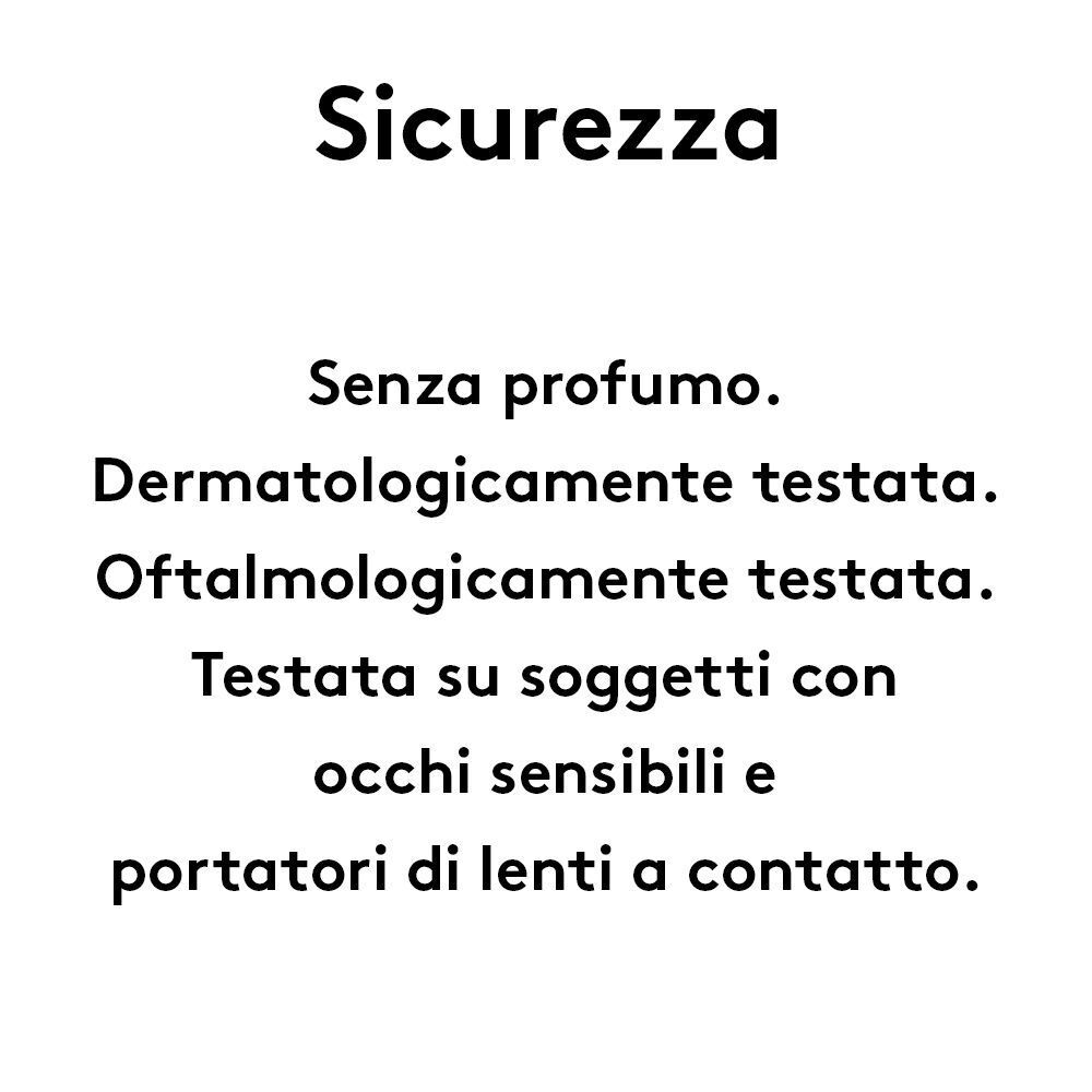 Testo: 'Sicurezza', 'Senza profumo', 'Dermatologicamente testata', 'Oftalmologicamente testata'.