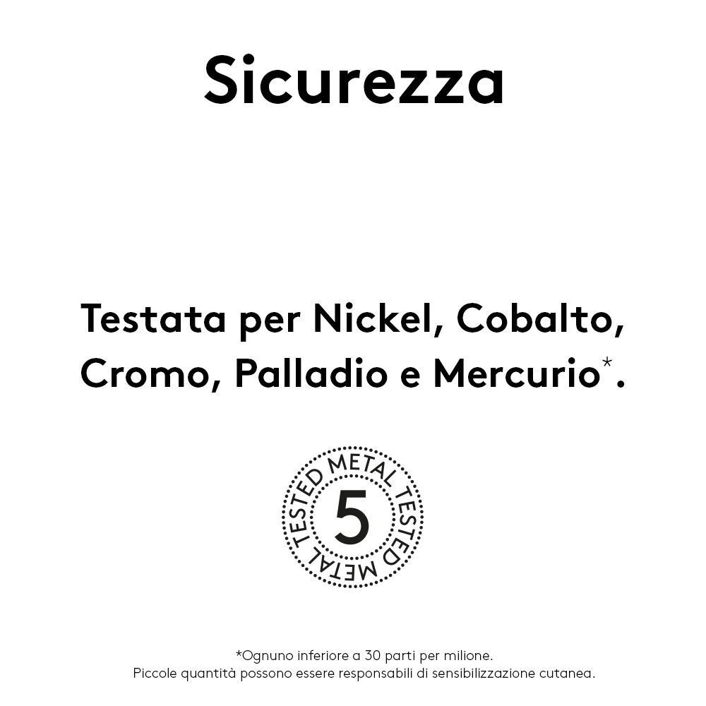 Testo: 'Sicurezza', 'Testata per Nickel, Cobalto, Cromo, Palladio e Mercurio'. Sigillo '5 METAL TESTED'.