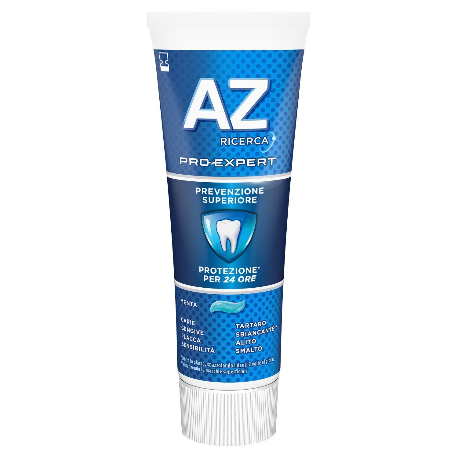 Dentifricio AZ Pro-Expert in tubo blu, con scritte bianche e simbolo di dente.